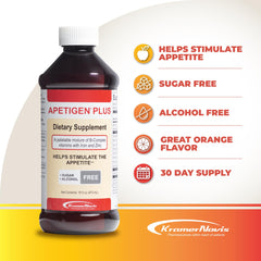 Apetigen-Plus orange liquid close-up, sugar-free and easy to swallow