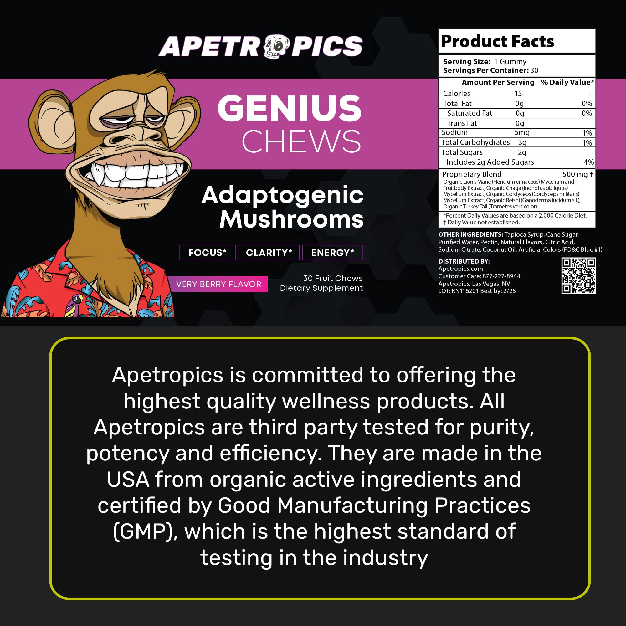 Apetropics Genius Chews gummy close-up with berry texture for on-the-go energy.