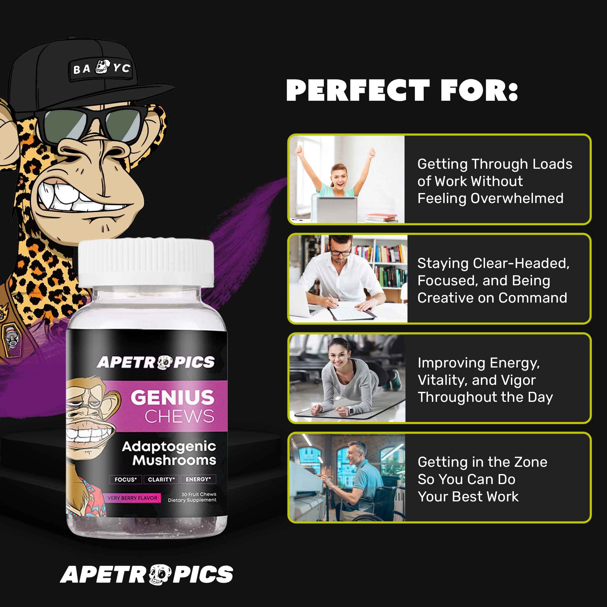 Apetropics Genius Chews vegan and gluten-free badge on packaging.