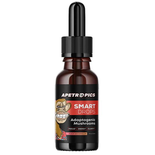 Apetropics Smart Drops bottle front with peach watermelon flavor for daily focus support.