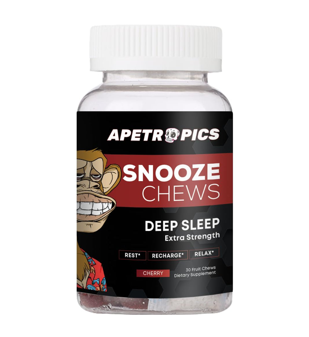 Apetropics Snooze Chews bottle view, cherry-flavored gummies designed for a calming nightly routine.