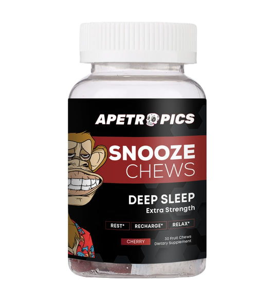 Apetropics Snooze Chews bottle view, cherry-flavored gummies designed for a calming nightly routine.
