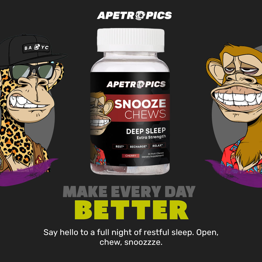 Apetropics Snooze Chews on a glass dish set beside a nightstand.