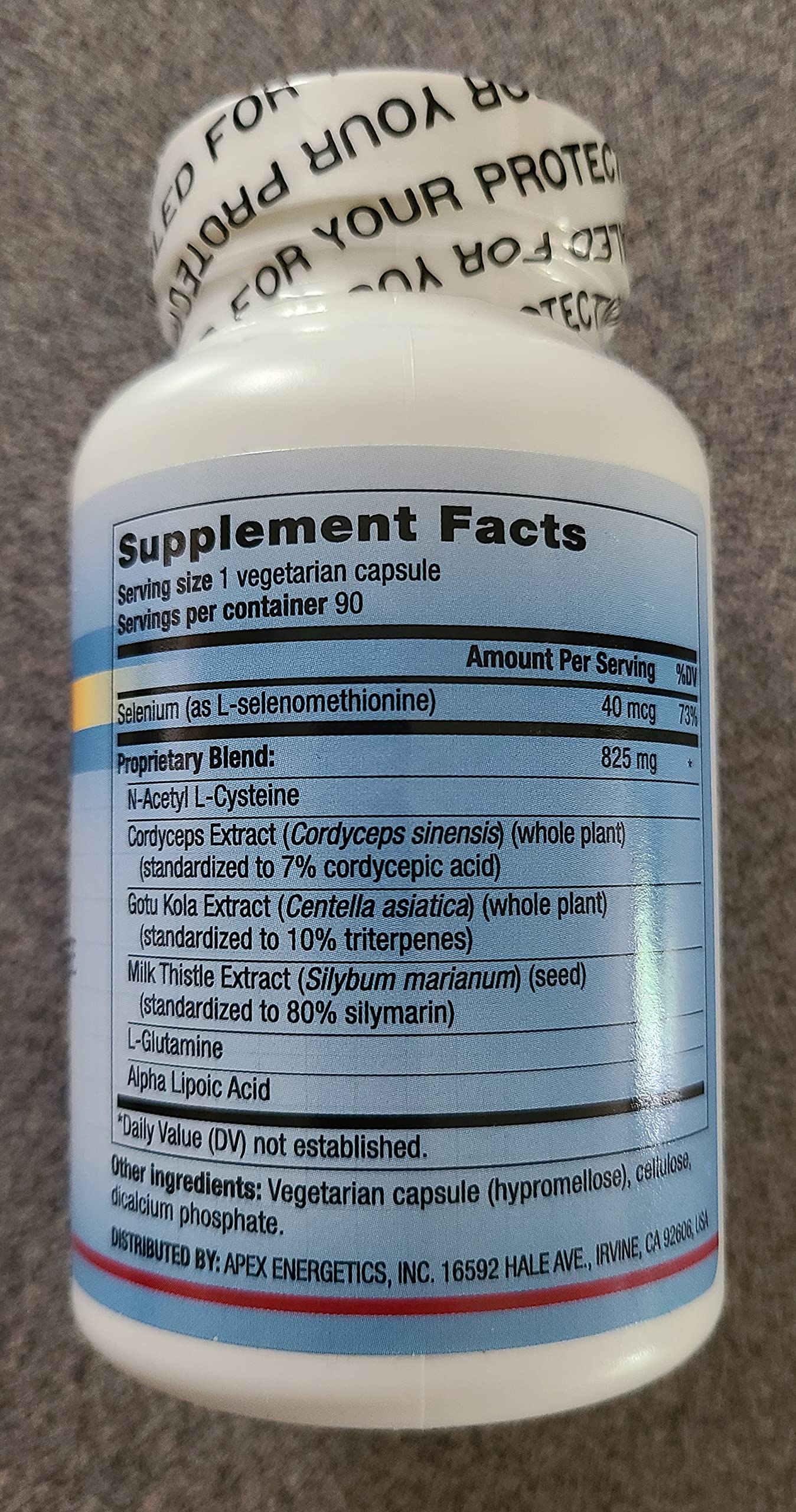Apex Energetics Glutatione Recycler capsules closeup—highlights key ingredients for glutathione activity.