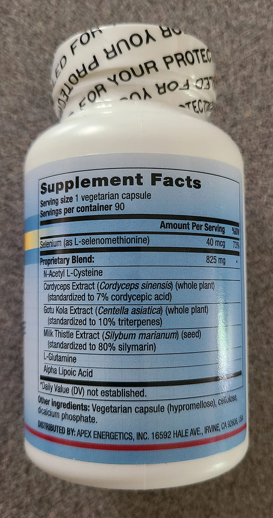 Apex Energetics Glutatione Recycler capsules closeup—highlights key ingredients for glutathione activity.