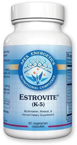 Apex Energetics K-5 Estrovite capsules support balanced estrogen metabolism for daily wellness.