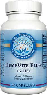 APEX HemeVite Plus bottle highlighting iron support with liver extract and vitamin C