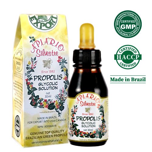 Apiario Silvestre propolis with propylene glycol detail highlighting solvent used.