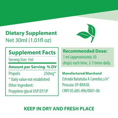 Apiario Silvestre green propolis label close-up emphasizing ingredients and solvent quality.