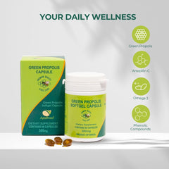 View showing three softgels as the daily dose of ApisBrasil Green Propolis