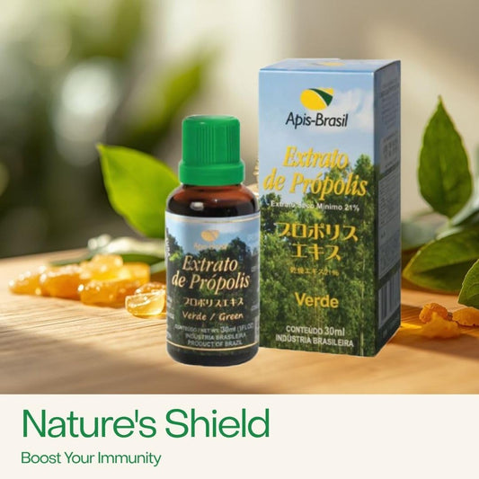ApisBrasil propolis drops poured into a glass for easy blending.
