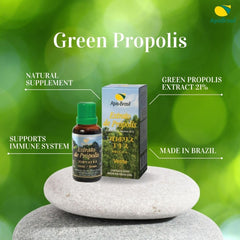 Close-up of ApisBrasil propolis label indicating quality and origin.