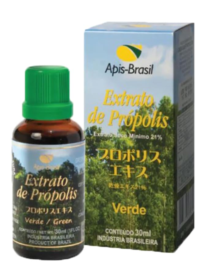 ApisBrasil Green Propolis liquid extract bottle (30ml) showing natural ingredients for daily use.