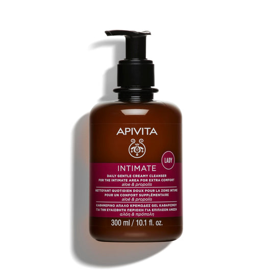 APIVITA Intimate Wash bottle pour showcases gentle cleansing for sensitive intimate skin.