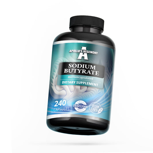 Apollo's Hegemony sodium butyrate capsules bottle highlighting 580 mg per capsule for gut support
