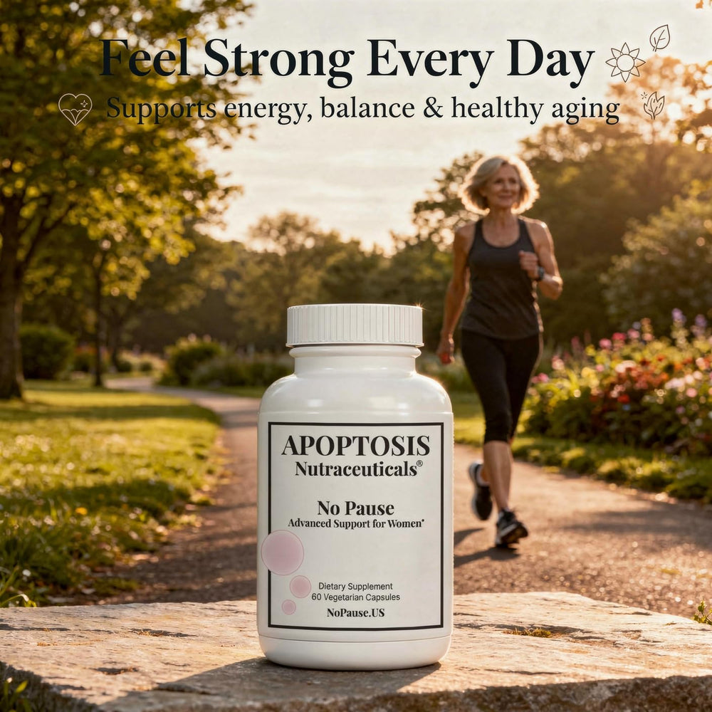 Apoptosis Menopause bottle and glass with soft lighting for daily ritual.