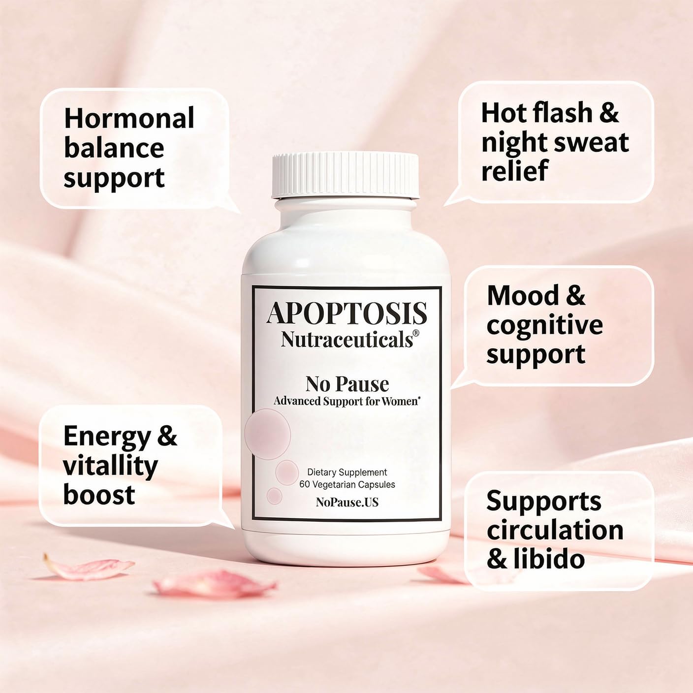 Apoptosis Menopause capsules closeup ready to swallow for daily comfort.