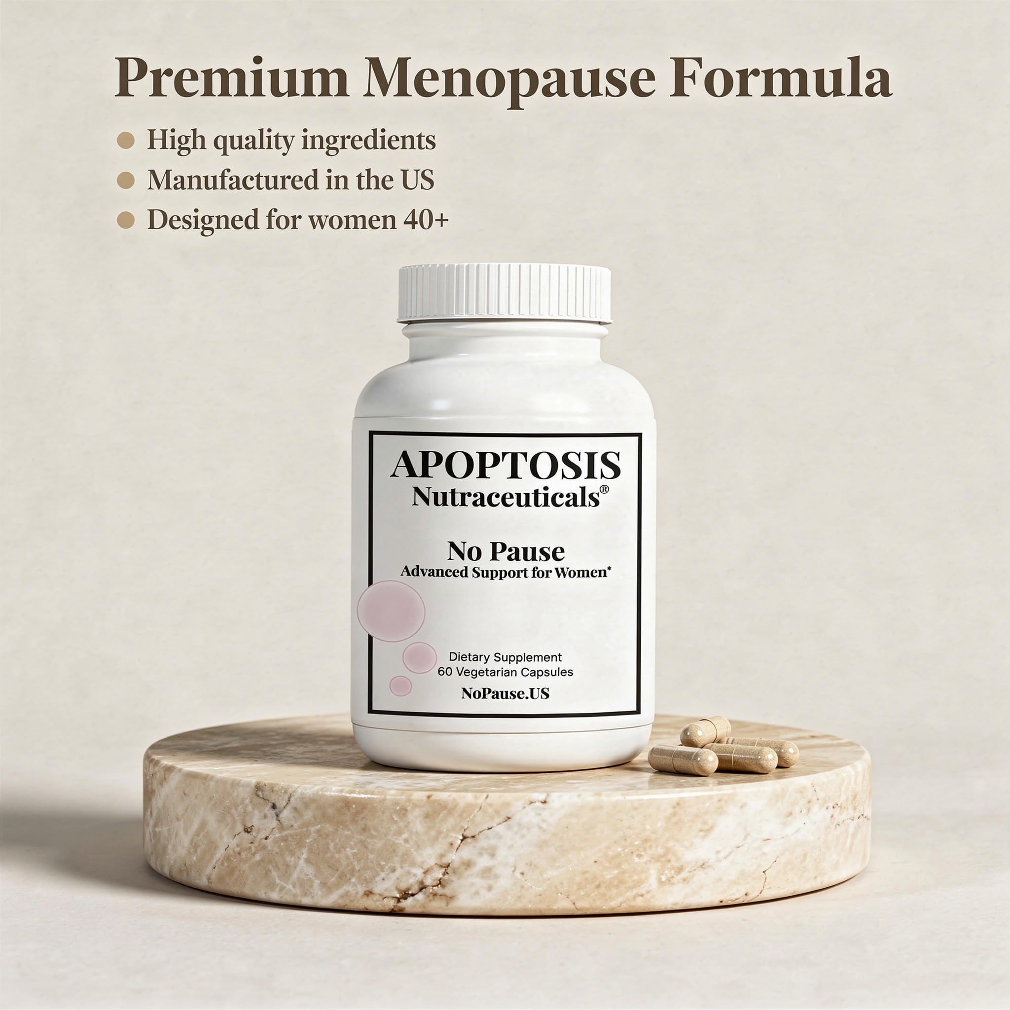Apoptosis Menopause bottle beside a glass illustrating a daily routine and steady energy.