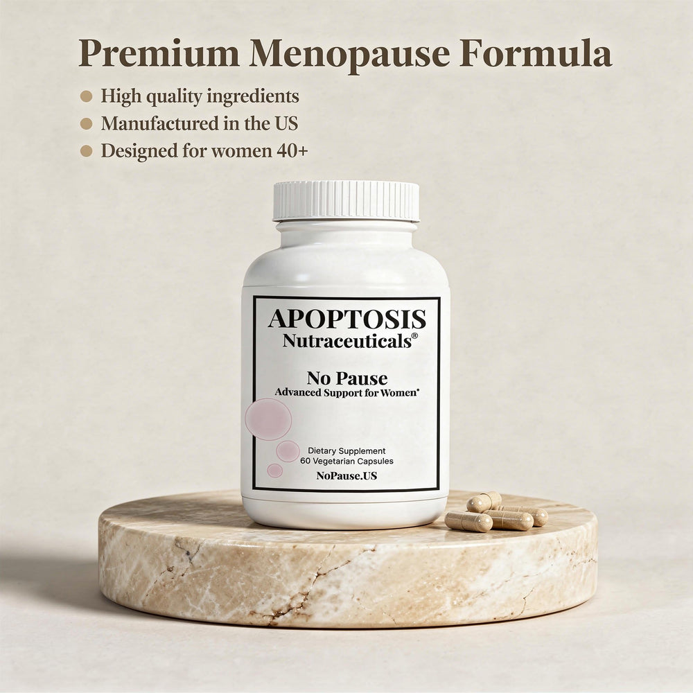 Apoptosis Menopause bottle beside a glass illustrating a daily routine and steady energy.