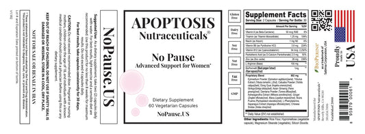 Apoptosis Menopause label and ingredients closeup highlighting a non-GMO formula.