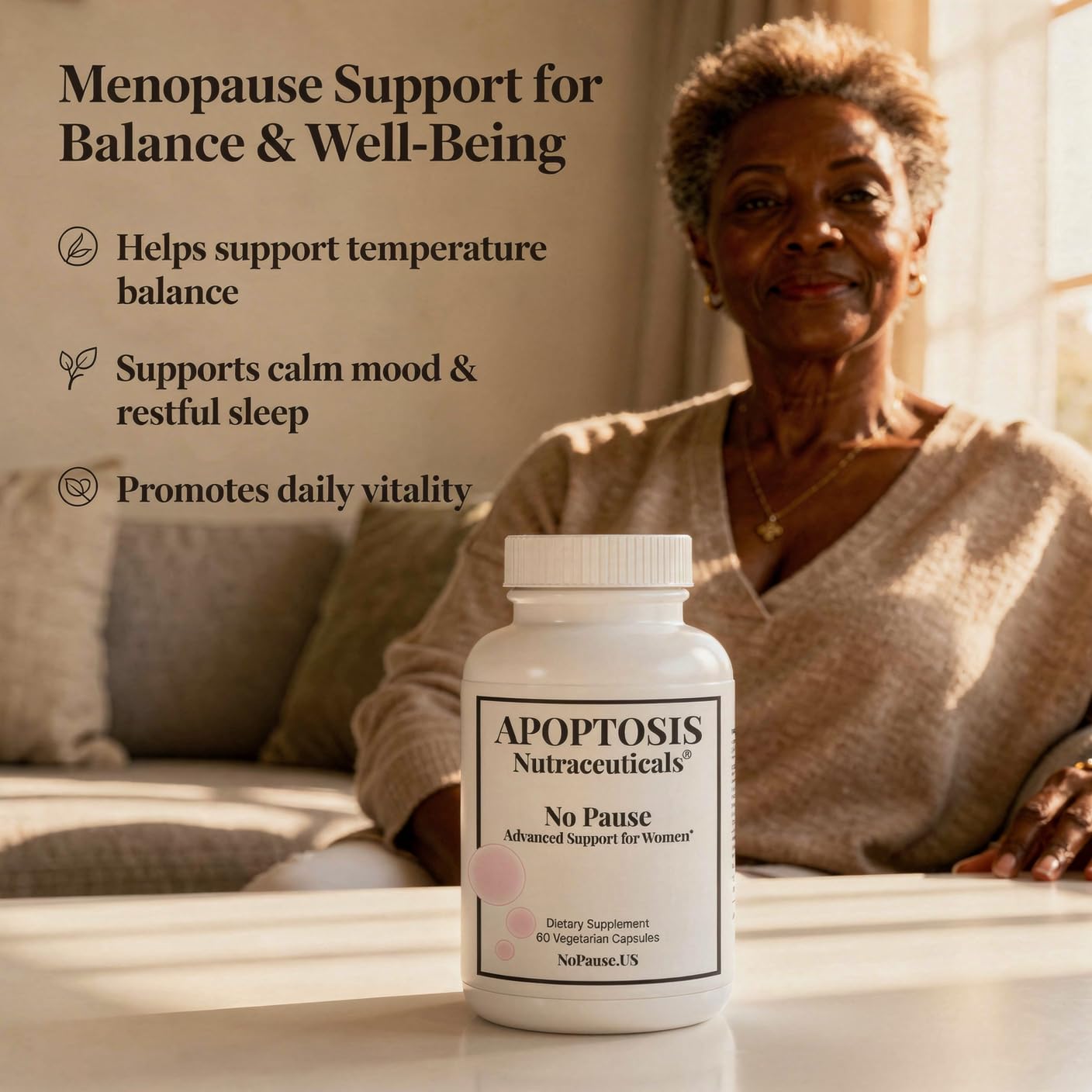 Apoptosis Menopause production facility sign indicating USA-made quality standards.