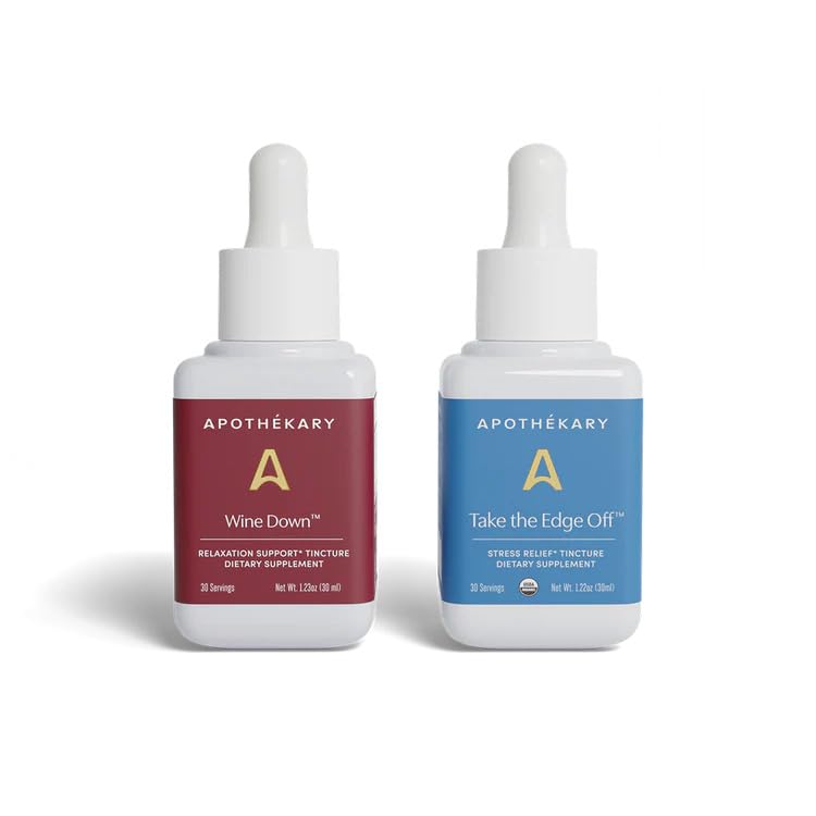 Apothékary All Day Stress Duo bottle pour showing a calming herbal blend for balanced moments