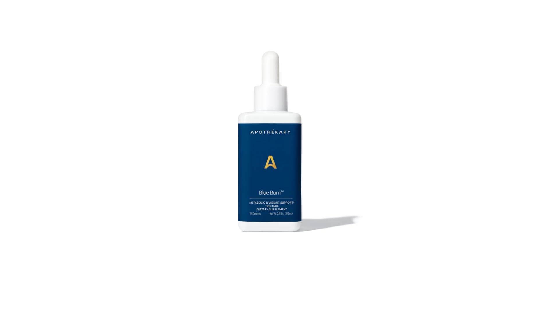 Apothekary Blue Burn elixir bottle promoting metabolism support with natural herbs.