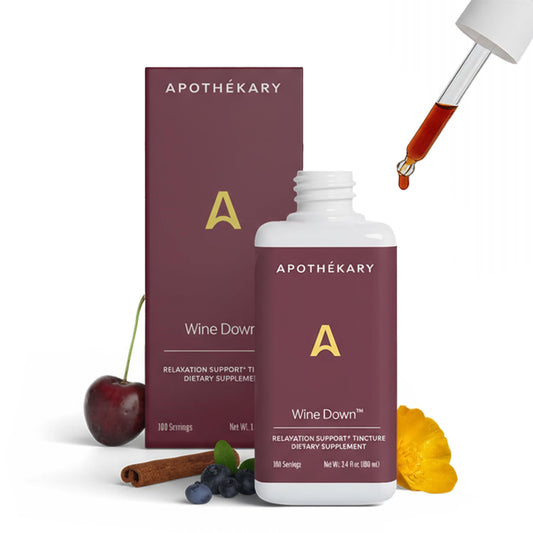 Apothékary Wine Down bottle front view for nighttime relaxation and easy dosing.