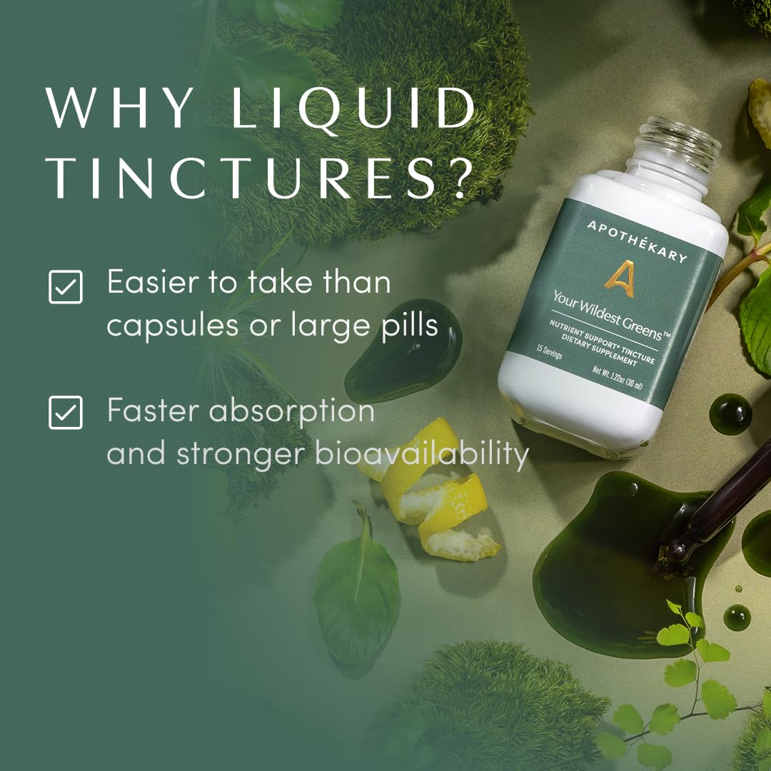 Apothekary Your Wildest Greens bottle on kitchen counter