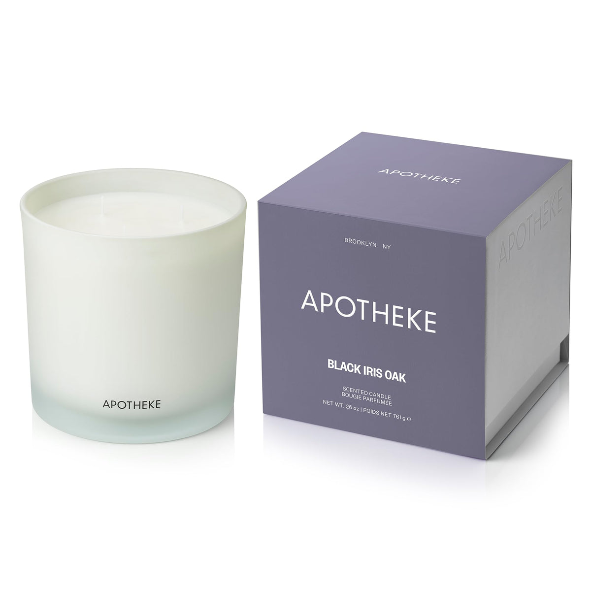 APOTHEKE Black Iris Oak candle in glass jar enhances ambiance with premium fragrance.
