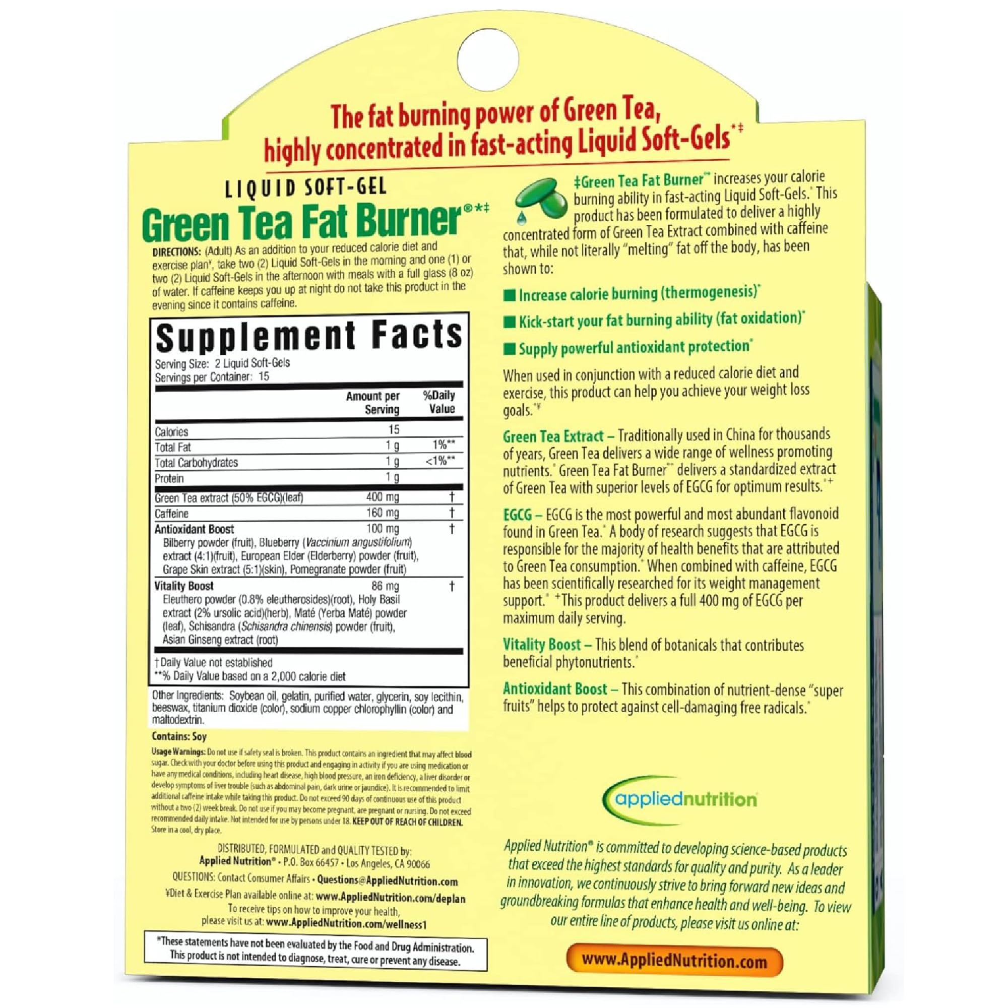 Applied Nutrition Green Tea Fat Burner label detail emphasizes benefits and product name