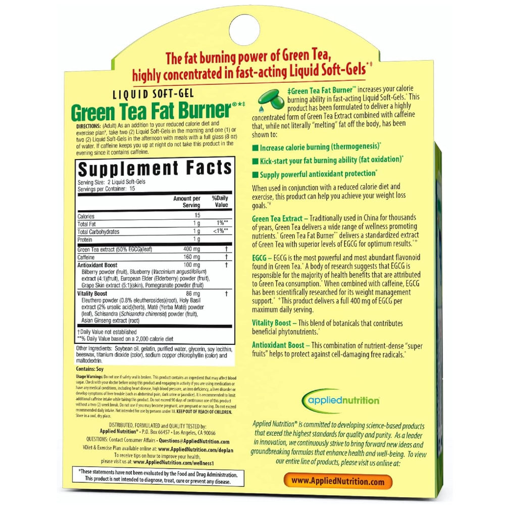 Applied Nutrition Green Tea Fat Burner label detail emphasizes benefits and product name