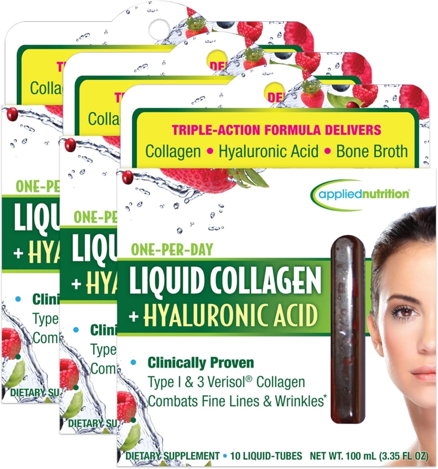 Applied Nutrition Liquid Collagen bottle pour demonstrates easy daily usage for skin support.
