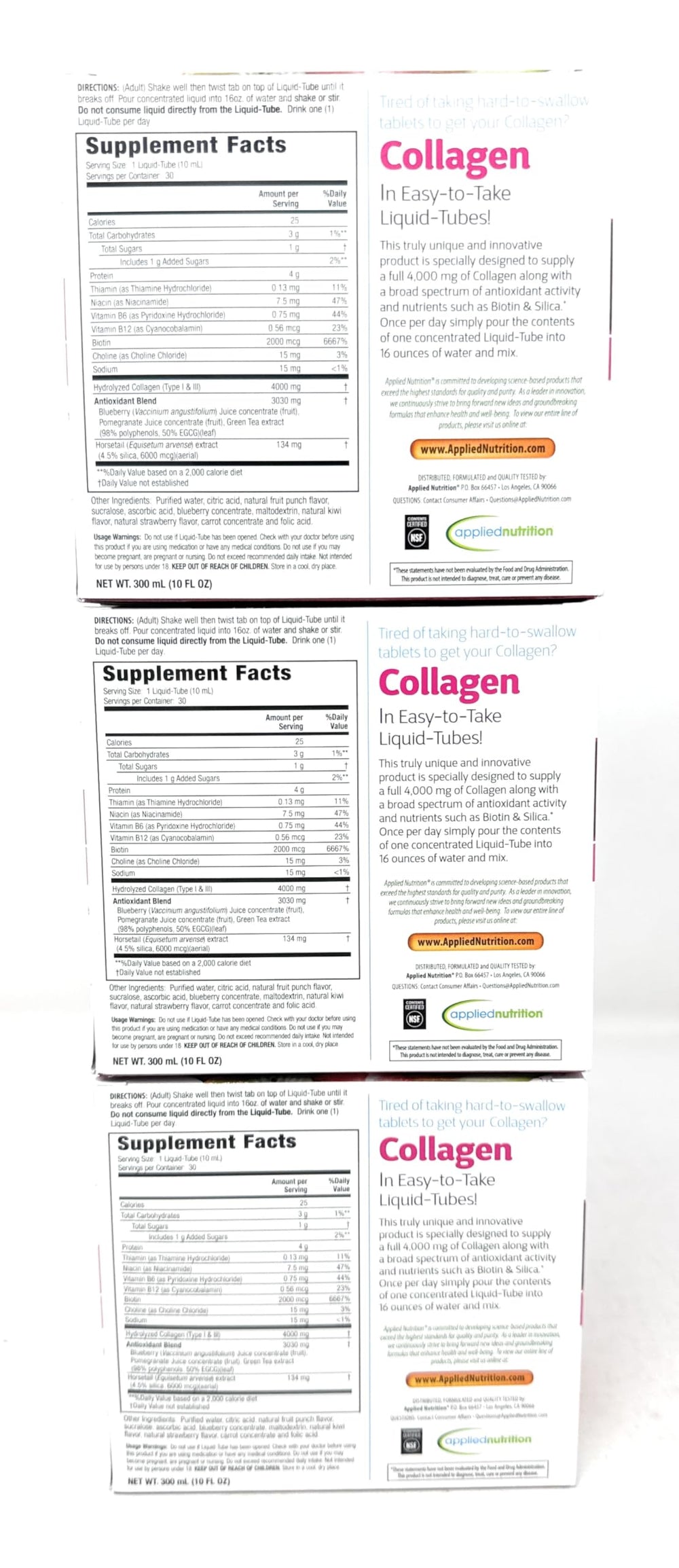 Ingredients like biotin and silica listed on Applied Nutrition collagen label