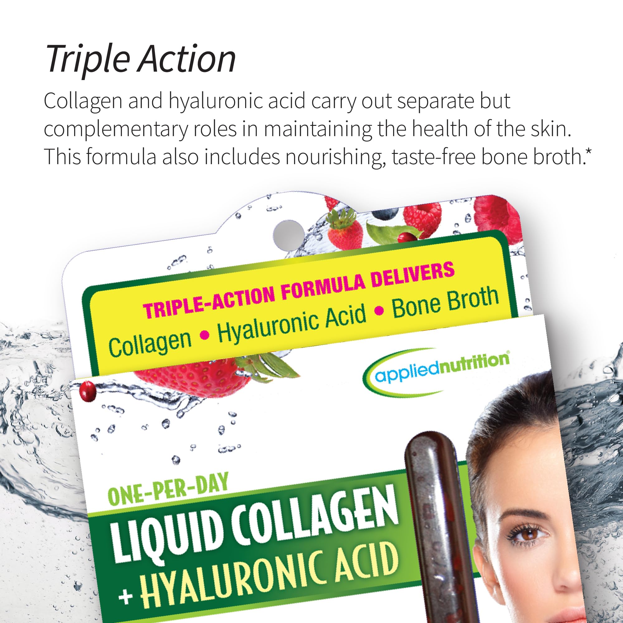 Applied Nutrition Liquid Collagen bottle illustrating nourishing blend with hyaluronic acid.