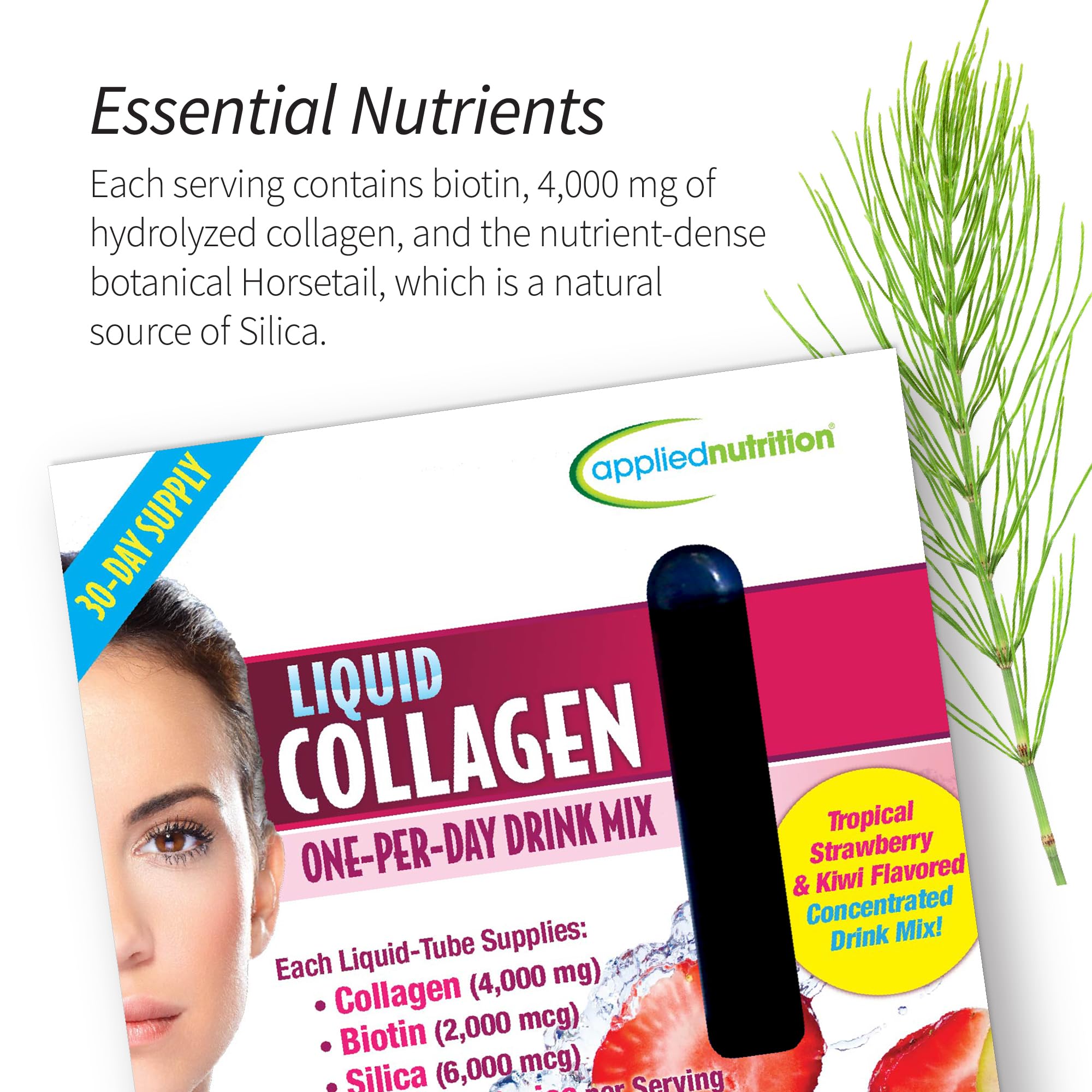 Applied Nutrition Liquid Collagen dispensing into glass showing ready-to-drink format.