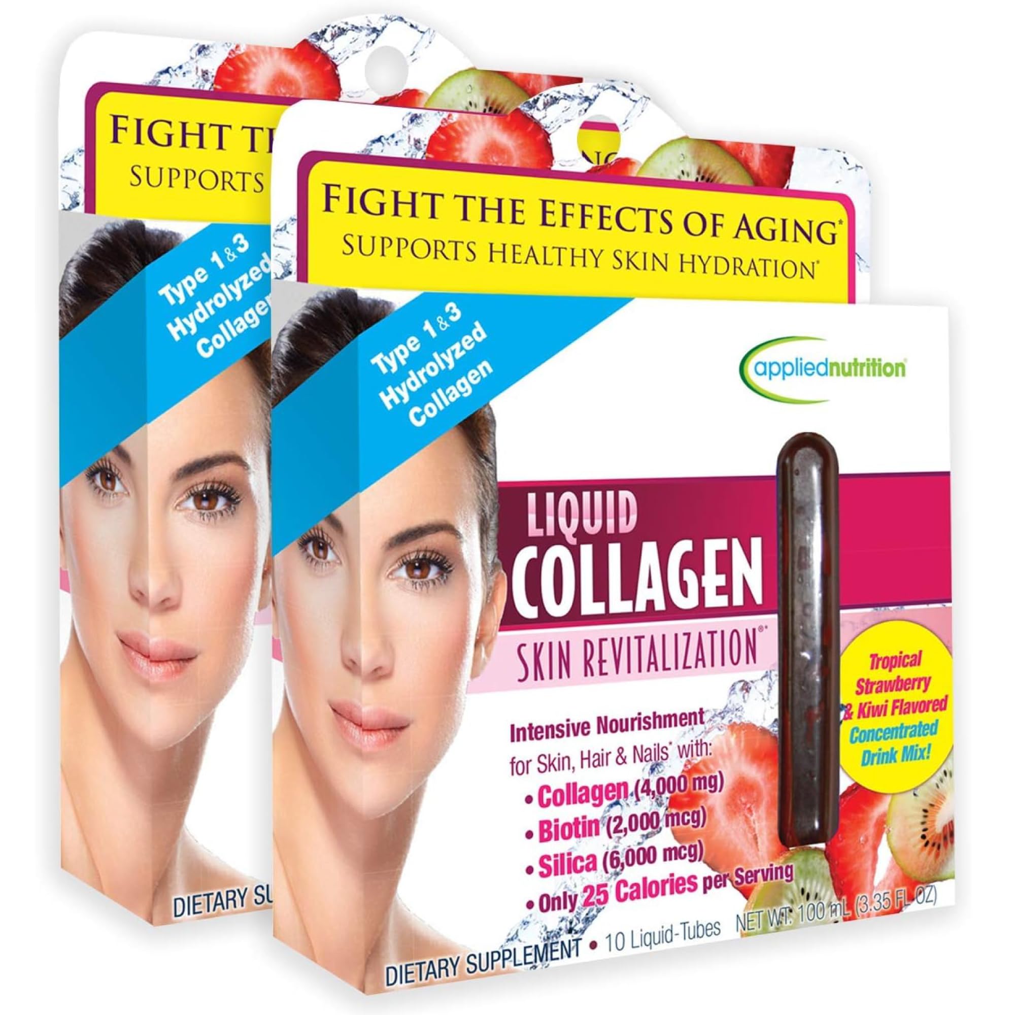 Applied Nutrition Liquid Collagen Skin Revitalization bottle pouring for daily nourishment.