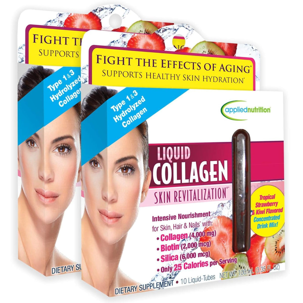 Applied Nutrition Liquid Collagen Skin Revitalization bottle pouring for daily nourishment.