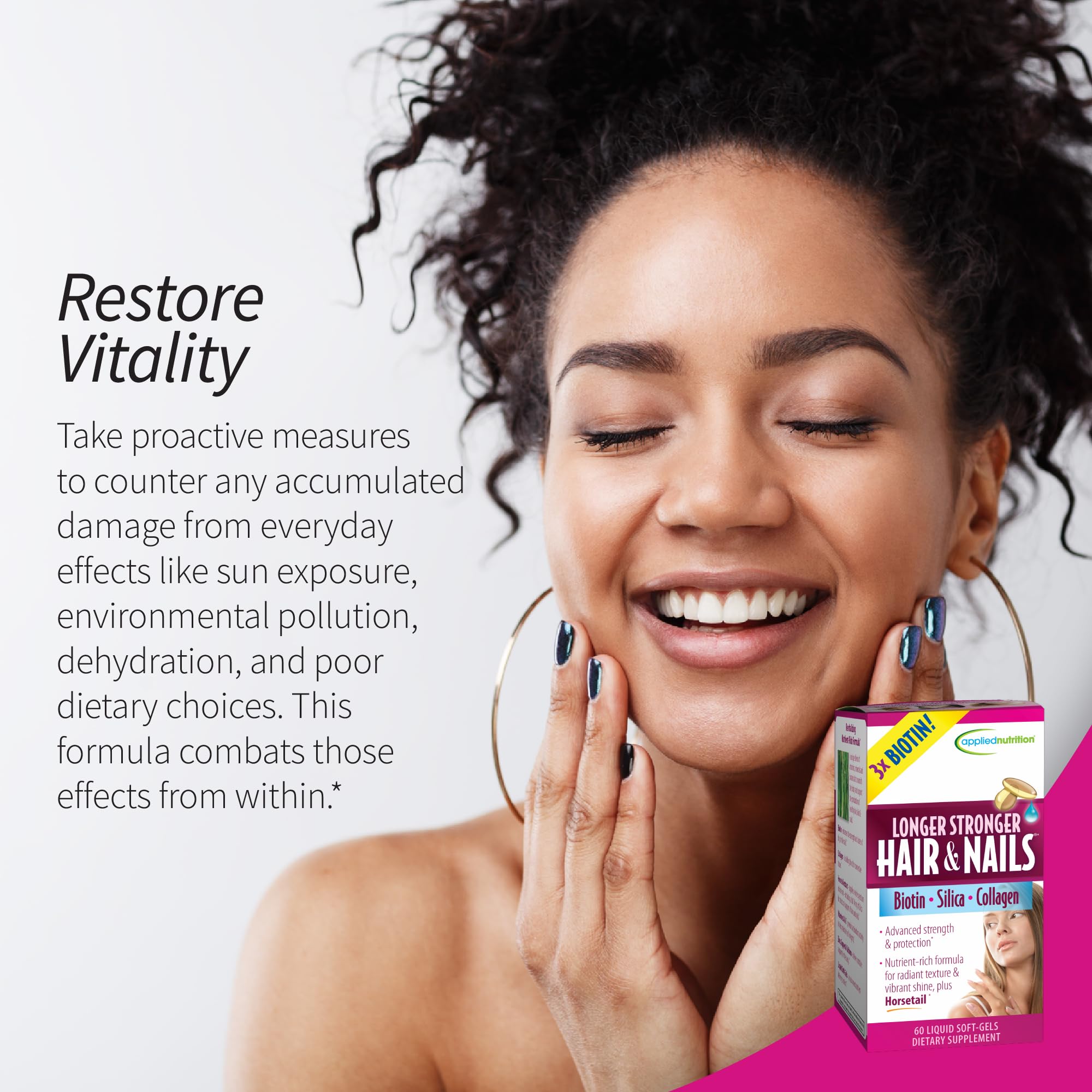 Applied Nutrition Longer Stronger bottle on desk with hair and nails imagery for routine use.