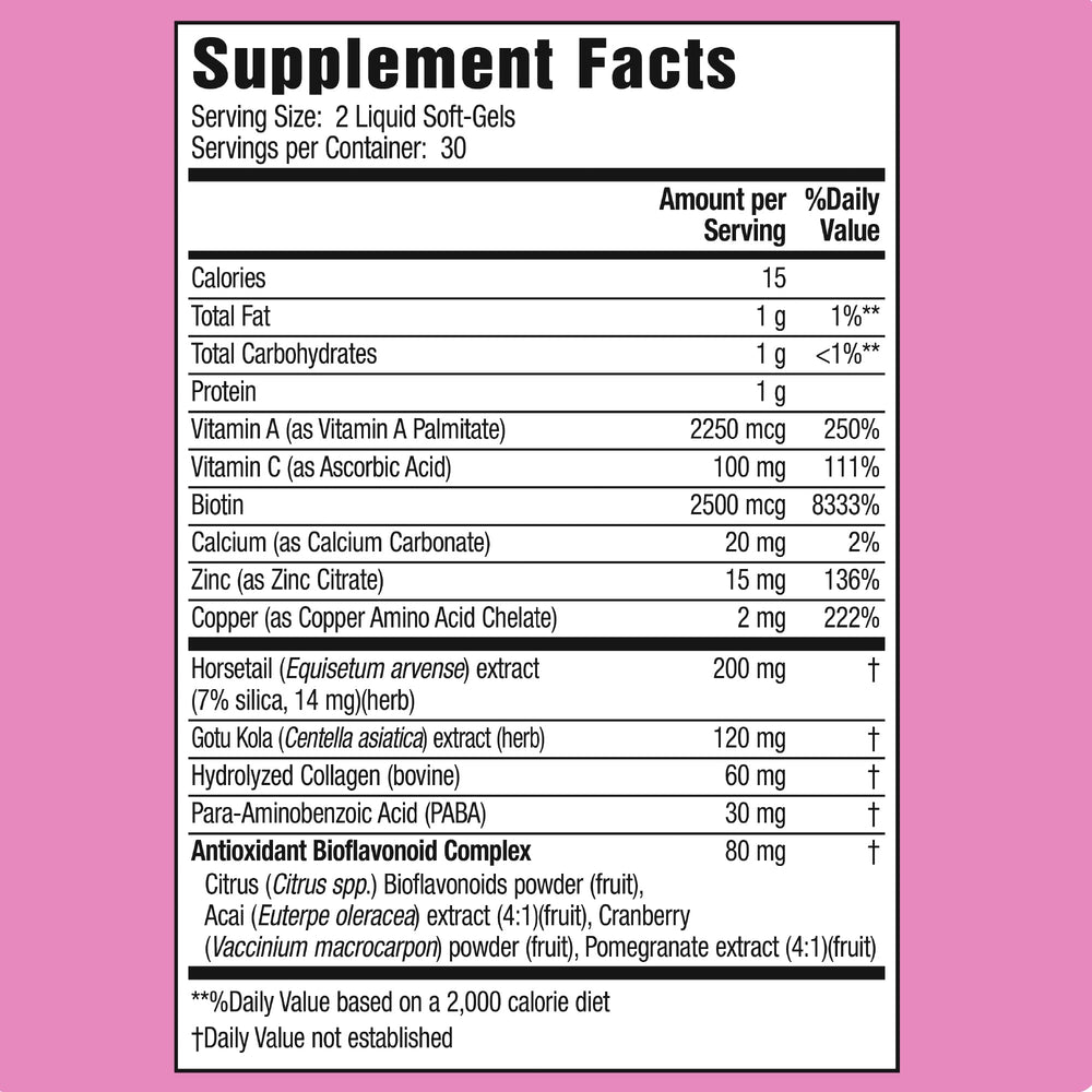 Applied Nutrition Longer Stronger capsules close-up showing key nutrients for stronger nails.