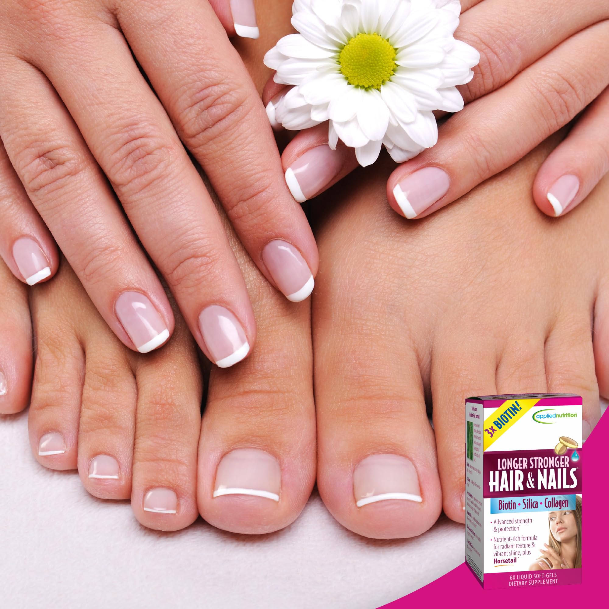 Applied Nutrition Longer Stronger bottle with hair and nails visuals for everyday vitality.