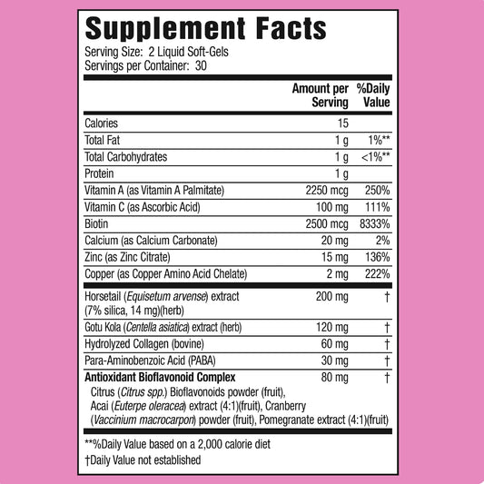 Applied Nutrition Longer Stronger Hair & Nails soft-gels closeup highlights biotin and silica blend