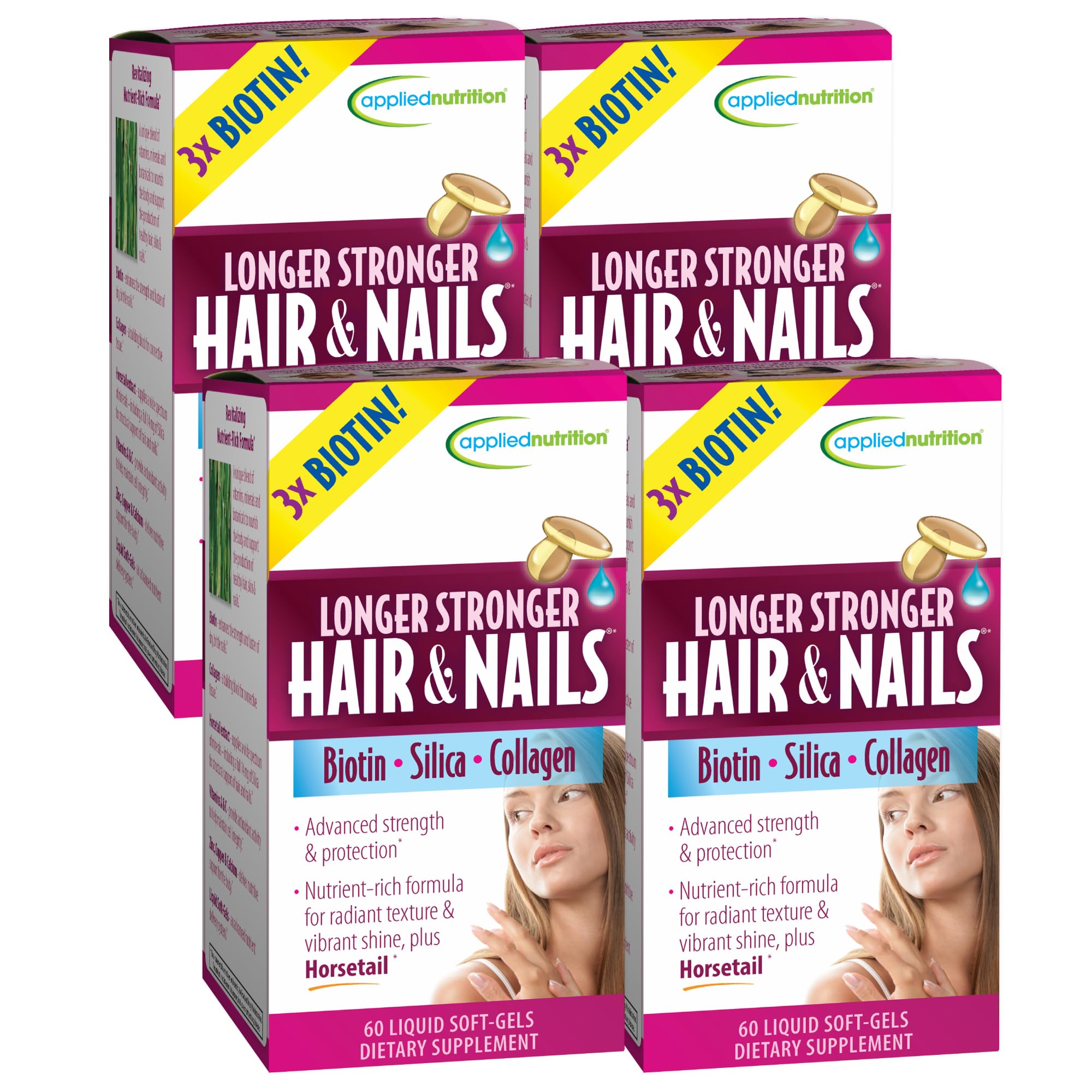 Applied Nutrition Longer Stronger Softgel bottle for daily hair and nail support.