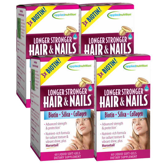 Applied Nutrition Longer Stronger Softgel bottle for daily hair and nail support.