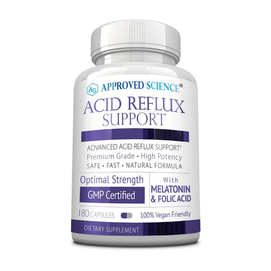 Approved Science Acid Reflux Support bottle front showing vegan capsules for nightly comfort.