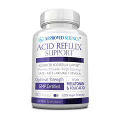 Approved Science Acid Reflux Support bottle front showing vegan capsules for nightly comfort.
