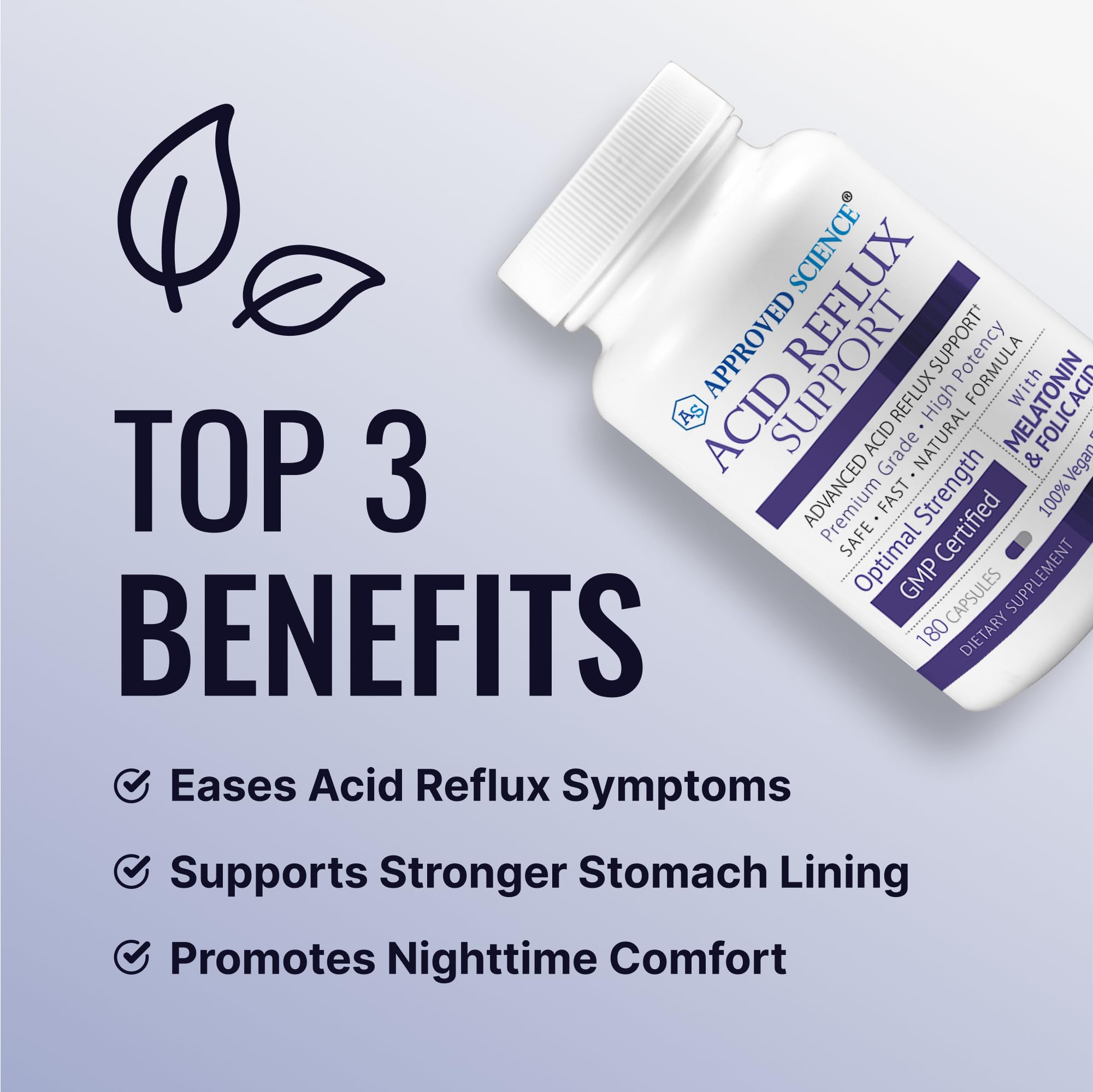 Approved Science Acid Reflux Support label close-up highlights melatonin and marshmallow root.