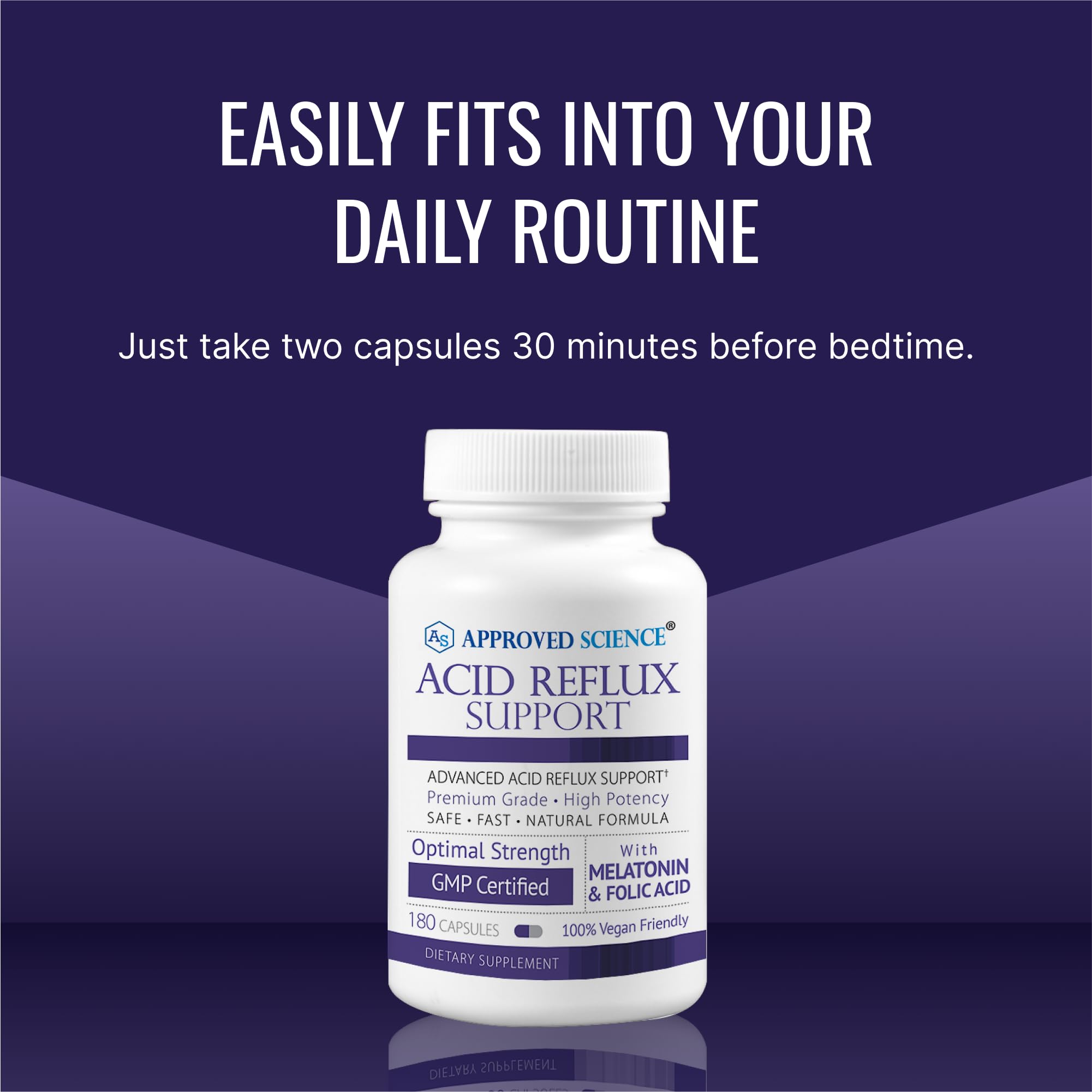 Approved Science Acid Reflux Support made in USA label on packaging reflects quality manufacturing.