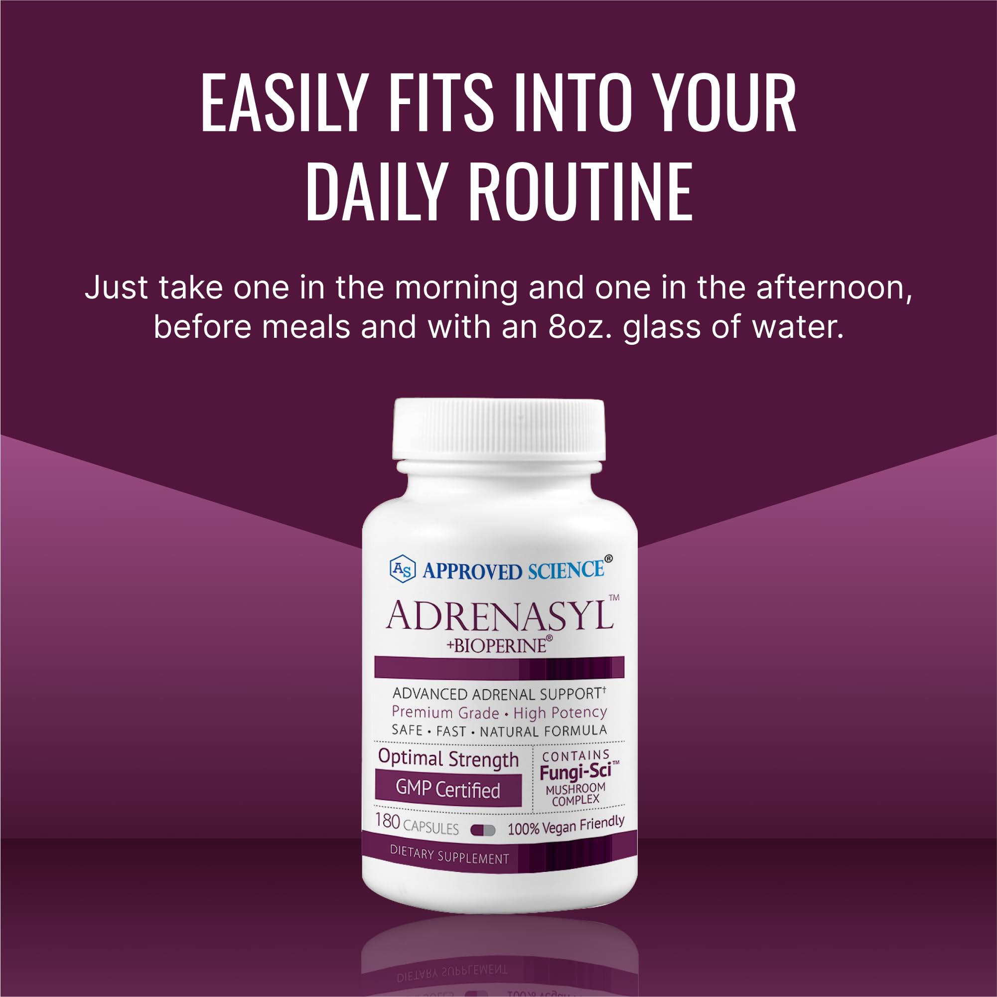 Top view of Approved Science Adrenasyl bottle emphasizing compact design.