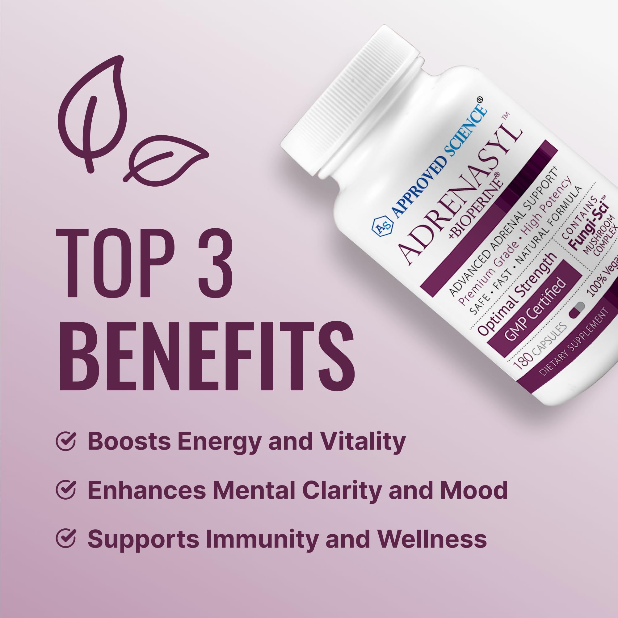 Closeup of Approved Science Adrenasyl capsules for easy daily use.